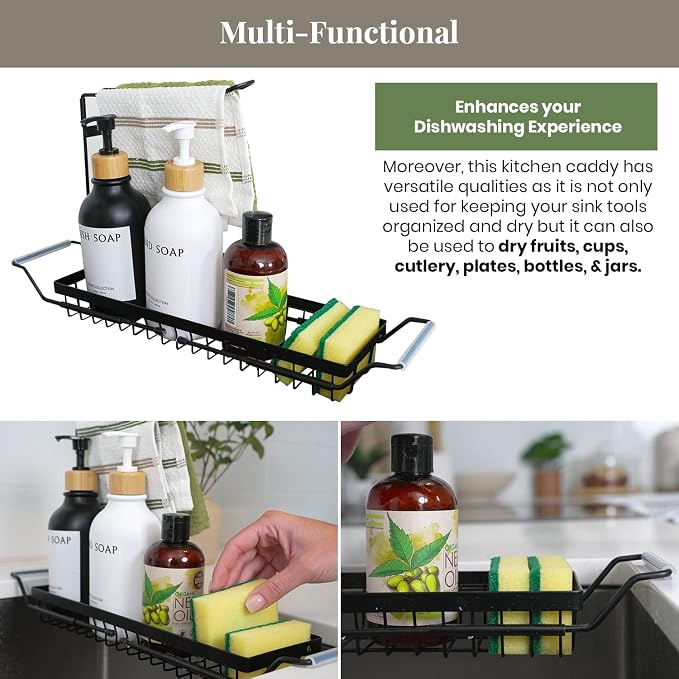 DINEST Expandable Kitchen Sink Caddy Organizer, Stainless Steel Over Sink Sponge, Bottle, Dishcloth, BrushTowel Holder, Rustproof Non-Slip - Small - Image 5