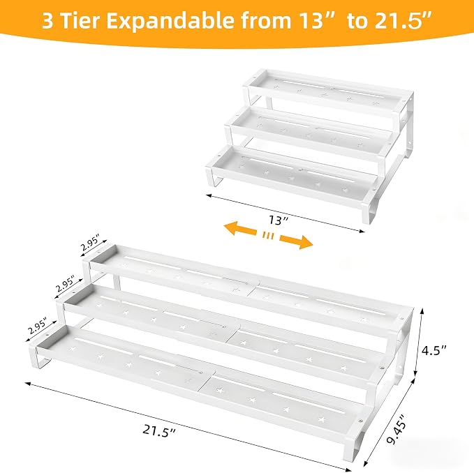 2 Pack Spice Rack Organizer for Cabinet, 13-21.5" Expandable Spicy Shelf | 9.45" Depth 3-Tier White Metal Seasoning Organizer, Kitchen Spice Organization, Slip-Resistant Guardrails for Jars and Cans - Image 2