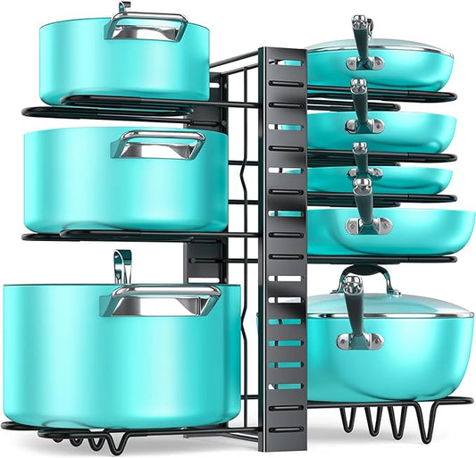 MUDEELA 8-Tier Lightweight pot and pan organizer for under cabinet, 16.6" H | 3 DIY Methods, Holds up to 12-inch cookware neatly, Adjustable Pot Pan Rack, Pot Lid holder for Kitchen, Easy Assembly by MUDEELA