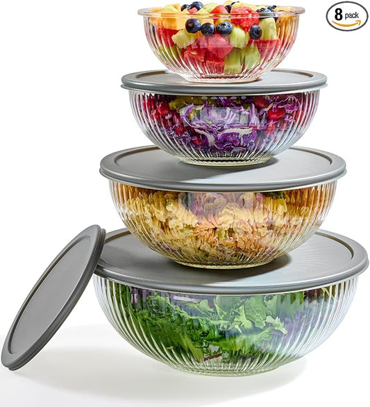 8pc Ribbed Glass Mixing Bowls with Leakproof Airtight Lids - BPA-Free Meal Prep Stackable Space Saving Nesting, Kitchen Baking Food Storage & Serving Containers - Microwave, Freezer, Dishwasher Safe. by LERAZE
