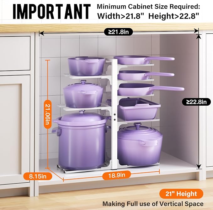 MUDEELA 8-Tier Heavy Duty Pots and Pans Organizer for Cabinet, 20.8"H White | Adjustable heavy-duty pot rack, Holds big stockpots and cookware, Fits under cabinet or on countertops, Easy Assembly - Image 2