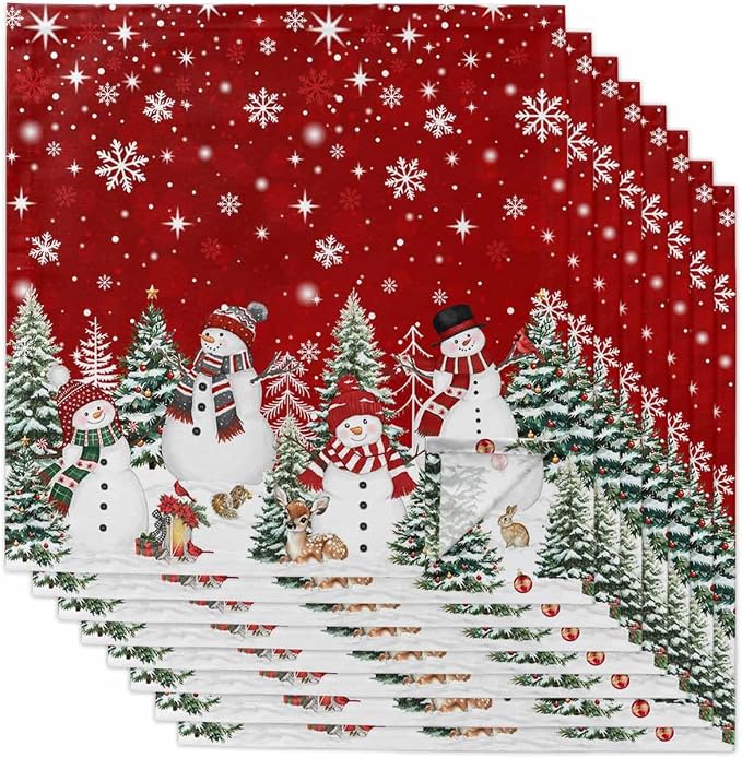 Red Christmas Snowman Dinner Cloth Napkins Set of 8, Xmas Trees Snowflake Snow Washable Cocktail Cloth Napkins, Winter Holiday Reusable Table Napkins for Wedding Holiday Party, 20 x 20 Inch by Kewadony