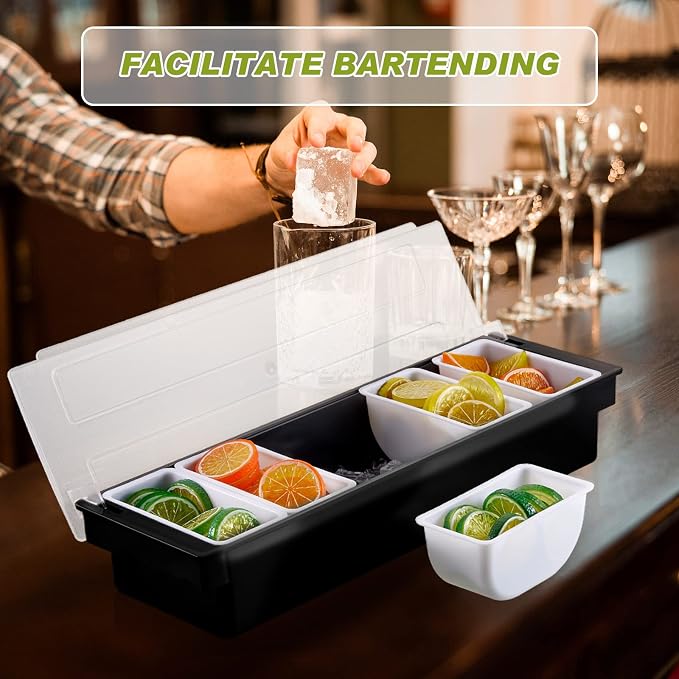 2 Pcs Bar Fruit Caddy with Lid Salad Condiment Server Black Plastic Garnish Tray Ice Chilled Condiment Caddy for Home Restaurant Bartending Serving Veggie Taco Salad Party Supplies(6 Compartments) - Image 6