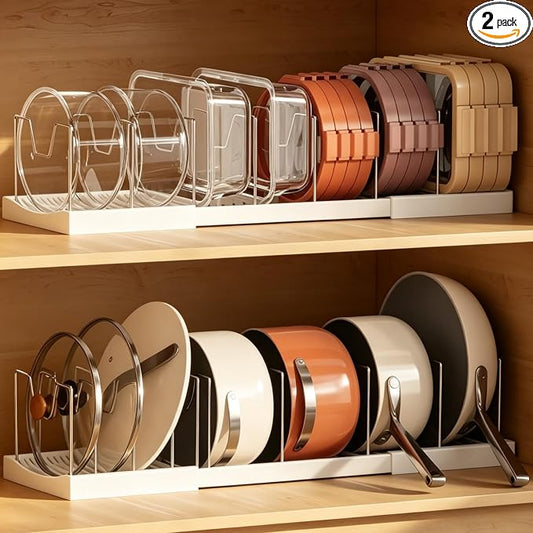 Magheo 2 Pack Pots and Pans Organizer Under Cabinet, Expandable 12.6"-22.8" Kitchen Cabinet Organizer Holder with 10 Adjustable Dividers for Food Storage Container Lid, Cookie Sheet, Cookware(White) by MAGHEO