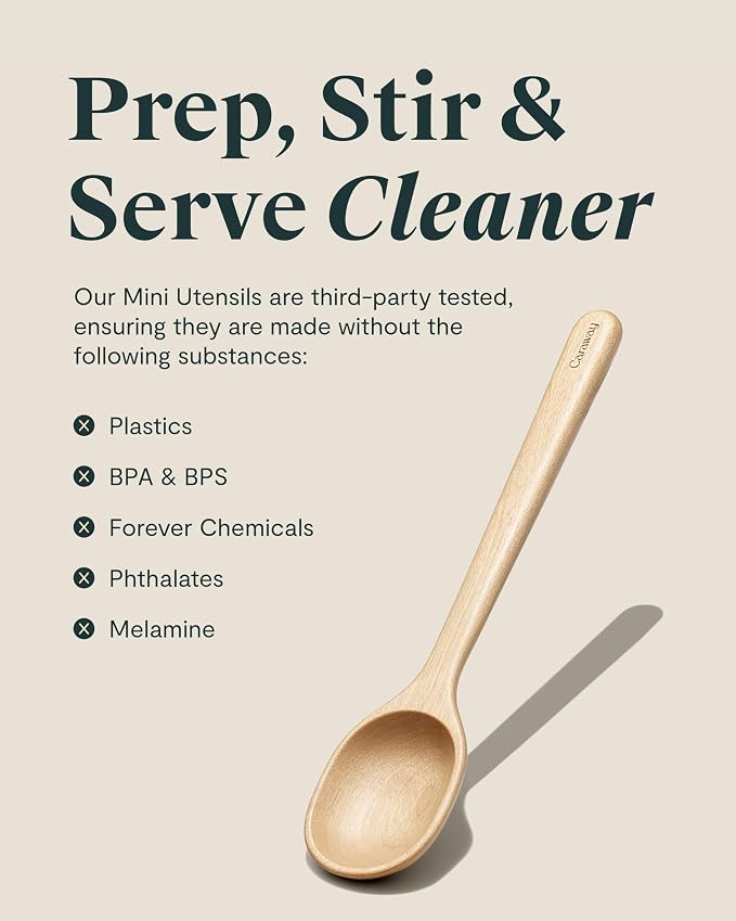 Caraway 9-Piece Wooden Kitchen Utensils Set for Cooking | Serving, and Plating, Full-Size and Mini Spoons, Scrapers, Spatulas, Tongs and Server, Birch Wood - Image 6