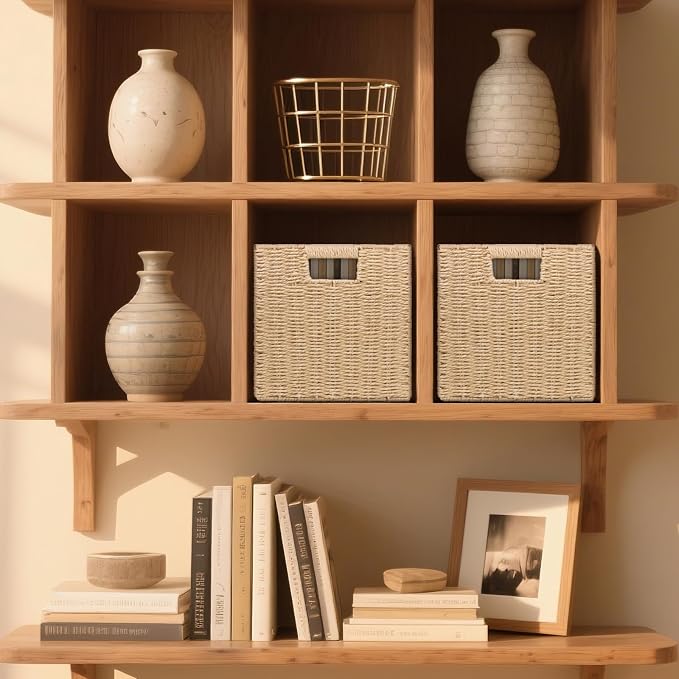 Wicker Storage Baskets for Organizing, 3 Pack Rustic Foldable Square Basket for Shelves, Handwoven Cubby Organizer Bins for Home Decor, Small Cube Storage Bin for Closet Organization (Natural 11 inch) - Image 5