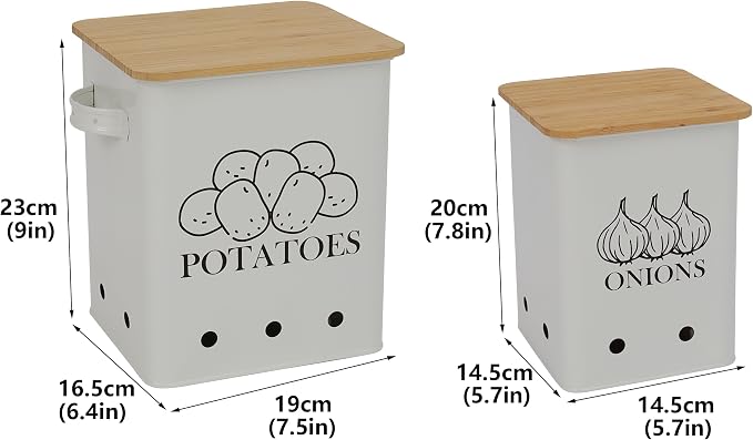 Kitchen Vegetable Storage Tins Set of 2, Onion and Potato Storage Bins with Wooden Lid and Aerating Holes, Garlic Bin Caddy, Vintage Kitchen Decor, White - Image 7