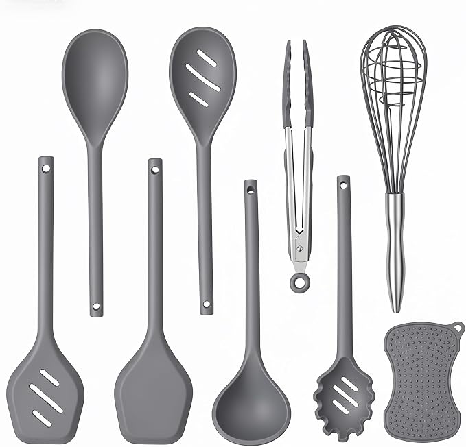 Kitchen Utensils Set,9 PCS Silicone Cooking Utensils Set Spatula Set,Tongs,Spoon,Whisk,Brush,Dishwasher Safe Kitchen Gadgets for Non-Stick Cookware,Home Essential，Kitchen Appliances Tool(Gray) by Rvxesaw