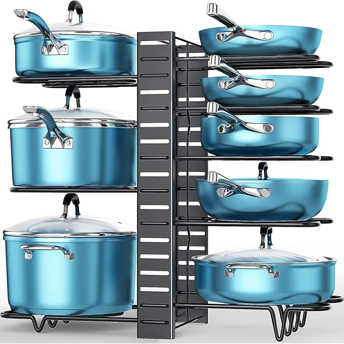 Pots and Pans Organizer Under Cabinet 16.6", 8-Tier Adjustable Rack | 3 DIY Modes, Tool-Free Assembly, Non-Slip, Fits Lightweight Cookware Up to 11", For Kitchen Cabinets, Shelves & Countertops by ORDORA