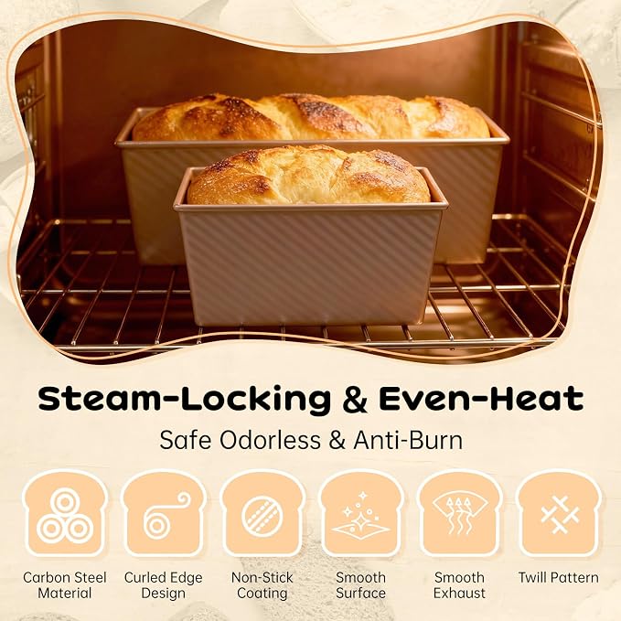 2 Pcs Pullman Loaf Pan with Lid, 2.2LB & 1LB Non-Stick Bread Pan, Carbon Steel Loaf Pans with Silicone Spatula & Oil Brush, Baking Pans Set for Homemade Bread, Square Toast Mold for Sourdough Bakeware - Image 3