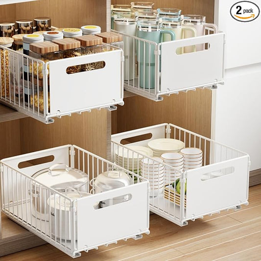 Mustorn 2 Pack Pull Out Cabinet Organizer, Slide Out Drawers for Cabinets, Peel and Stick, Heavy Duty Shelves for Kitchen, Cupboard, Pantry, Bathroom (14.76" D*9.65" W*7.87" H-White) by MUSTORN