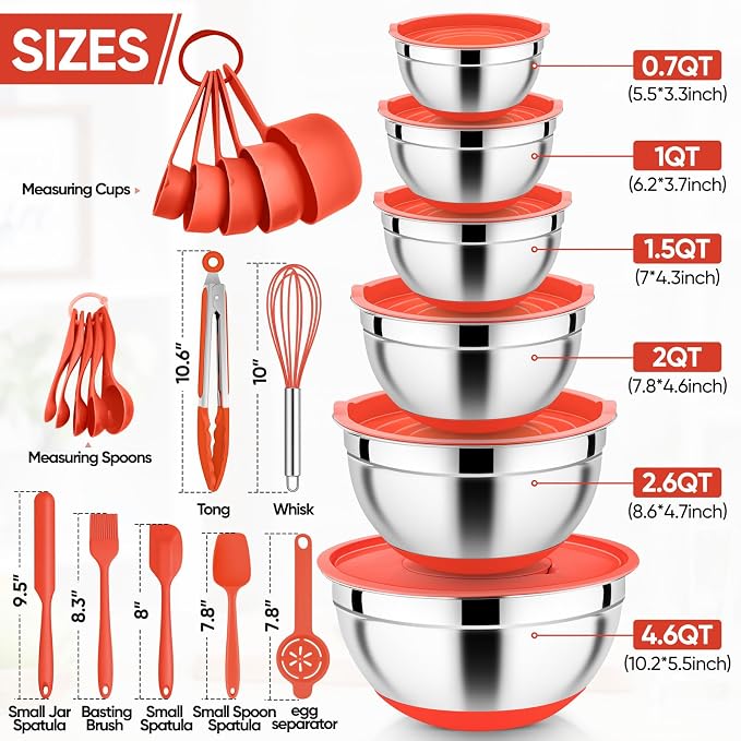 E-far Mixing Bowls with Lid Set, 25PCS Stainless Steel Nesting Prep Bowls with Grater Attachments Utensils Non-Slip Bottoms for Cooking, Baking, Serving, Food Storage, 4.6/2.6/2/1.5/1/0.7QT - Red - Image 2