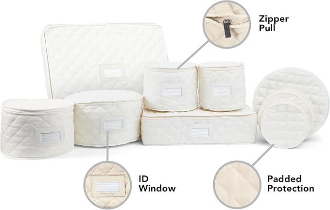 Covermates Keepsakes Dish Storage Set – Padded China & Dinnerware Storage Cases with Dividers, Cup & Stemware Storage, Quilted Polyester Protection, ID Window, Cream - Image 5