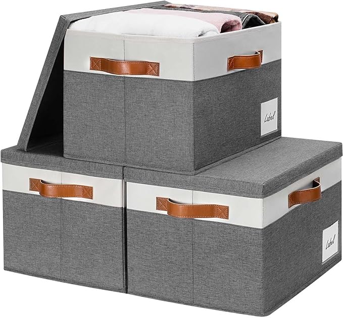 GhvyenntteS Storage Bins with Lids 3 Pack, Large Storage Baskets with Lids and Label, Foldable Fabric Storage Boxes with 3 PU Handles for Organizing Shelves Home Nursery Office (Grey, 15x11x9.6) by GhvyenntteS