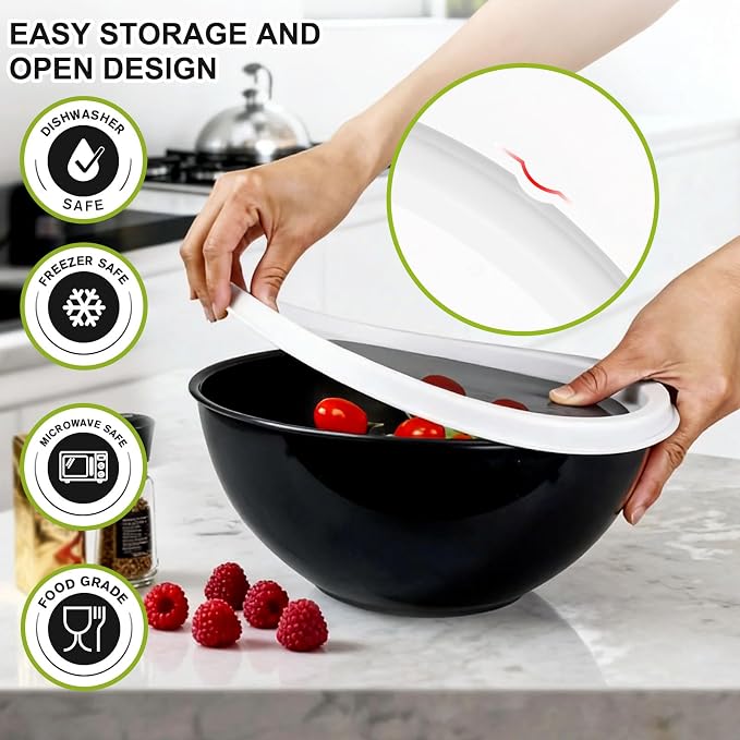 Greentainer Plastic Mixing Bowls with Lids Set 12 Piece Colorful Mixing Bowl Set for Kitchen - Nesting Bowls with Lids Set, 6 Prep Bowls and 6 Lids - Microwave and Freezer Safe(Black) - Image 5