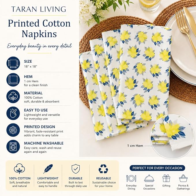 Printed Cotton Cloth Napkins Fall Dinner Napkin Set Reusable Machine Washable Fabric for Gifting, House Party Events, Home Decor, Craft - 18"x18" - Set of 4 - Lemon Print - Image 4
