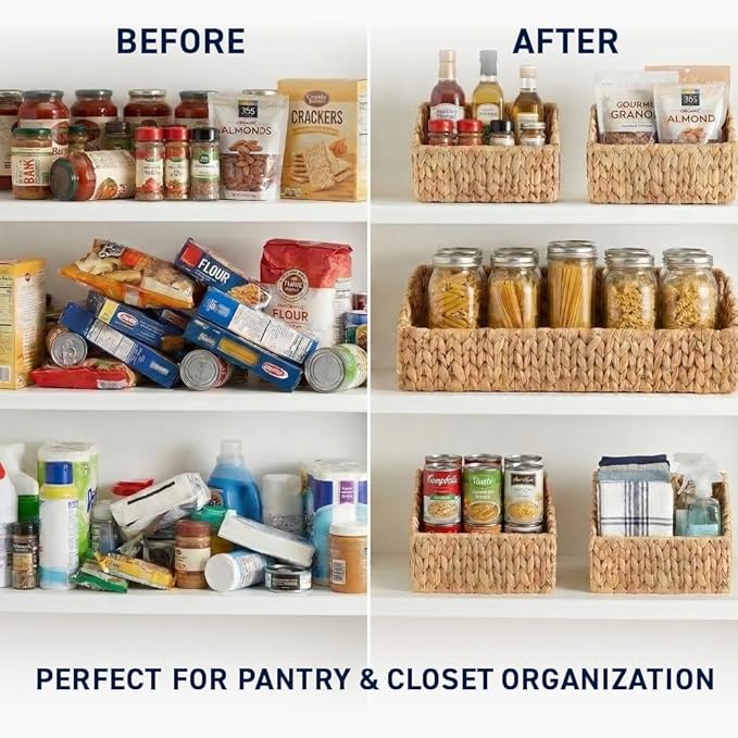 Ornavo Home 3-Pack Water Hyacinth Storage Baskets with Handles, Natural | Handwoven Decorative Natural Organizer For Shelves, Pantry, Closet Or Living Room - Image 3