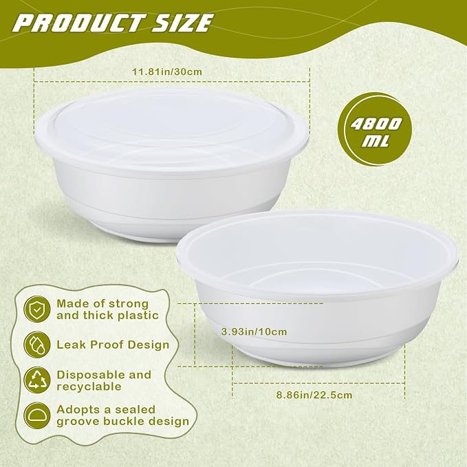 10 Pack 135 oz Large Plastic Serving Bowls with Lids Round Extra Large Disposable Salad Bowls Containers Chip Candy Dish for Salads and Snacks Party Picnic Buffet Eating(White) - Image 2