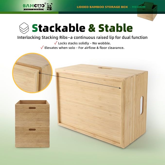 BAMOTTO CRAFTBAMBOO Stackable Bamboo Storage Bin with Lid 14.6"x10.2"x6.5" | Lower Profile | Cutout Handles | Natural Bamboo Box for Kitchen Pantry Office Closet, Organize Tableware Clothing Toys Books - Image 3