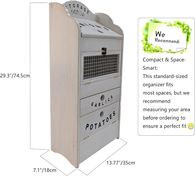 ARTAWEIN Pine Wood Veggie Bin for Potato, Onion and 1 Garlic Drawer Vegetable Box for Kitchen Storage, Solid Wood Vegetable Bin 13.77" L X 7.1" W X 29.3" H (Rustic White) - Image 3