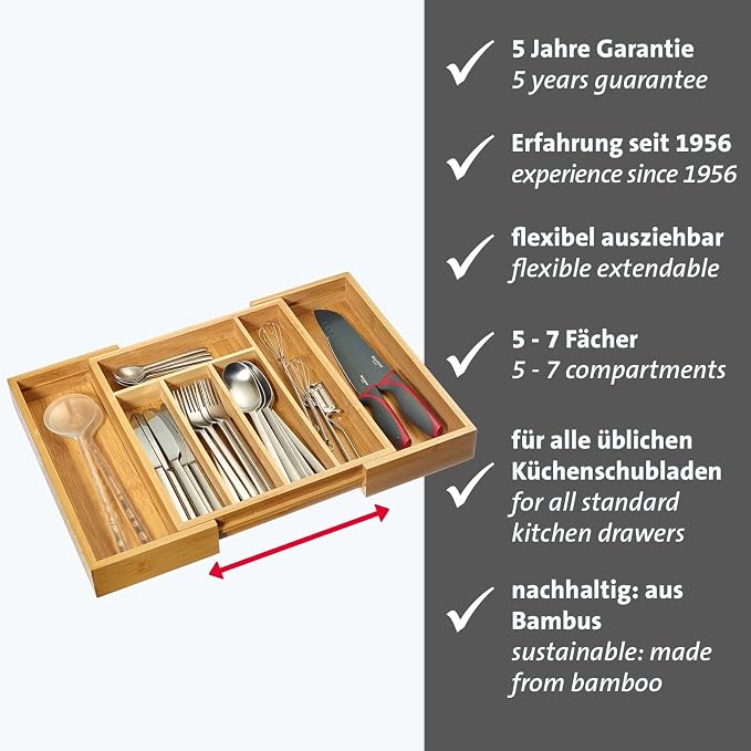 Westmark Cutlery Tray - Extendable Drawer Insert for Cutlery and Cooking Utensils, Practical Organiser for Common Drawers, 5 or 7 Compartments - Bamboo, 29-48 cm - Image 2