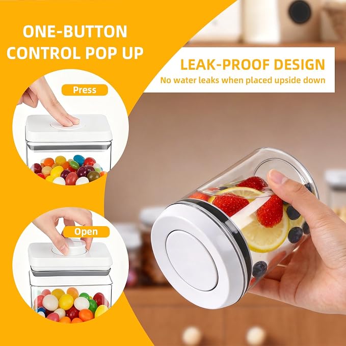 Pop Push Button Airtight Food Storage Containers with Lids | 3 Sizes: 0.65/0.7/1.8Qt for Cereal Flour Sugar Snacks Pet Food, BPA-Free Space-Saving Pantry Kitchen Canisters - Image 4