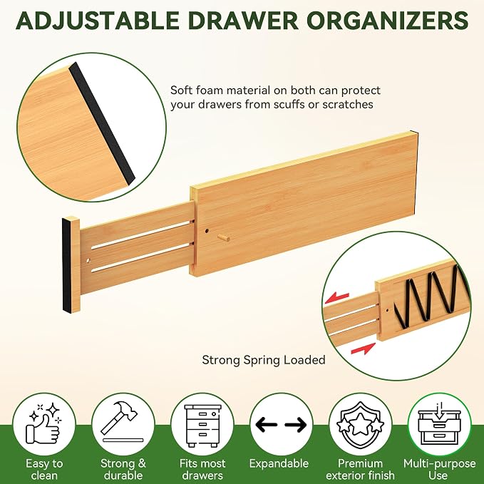 FJO 6 Pack Bamboo Drawer Dividers 4.65" High Adjustable from 17'' to 22'' | Strong Spring Loaded, Expandable Utensil Organizer, Works in Kitchen, Dresser, Closet, Bathroom, Bedroom,Office (Beige) - Image 5