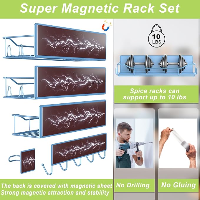 Magnetic Spice Rack for Refrigerator, 9 Pack Magnetic Fridge Shelves W/Adjustable Paper Towel Holder, Hook Rack, Moveable Spice Organizer Shelf for Kitchen Organization and Storage (Blue) - Image 3
