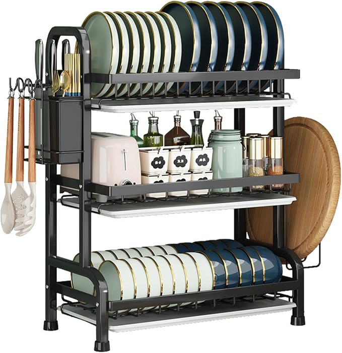 KUK 3 Tier Dish Drying Rack, Stainless Steel Over The Sink Dish with Drain Tray, Kitchen Dishes Drying Racks, Dish Racks for Kitchen Counter Storage (Black) by KUK