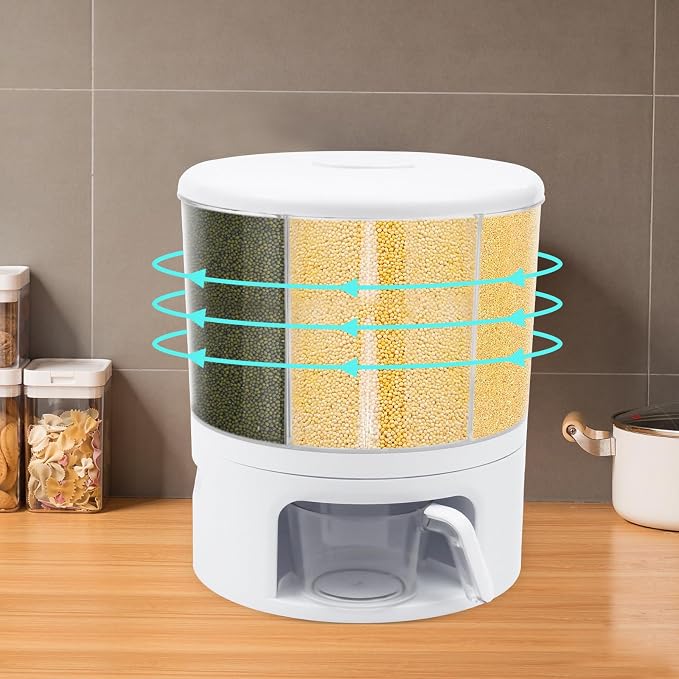 360° Rotating Grain Dispenser With 6 Grids, 24lbs Large Capacity Grain Dispenser Rotating Kitchen Storage Containers With Sealed Lid For Peanut Barley Millet And Cereal(White) - Image 5