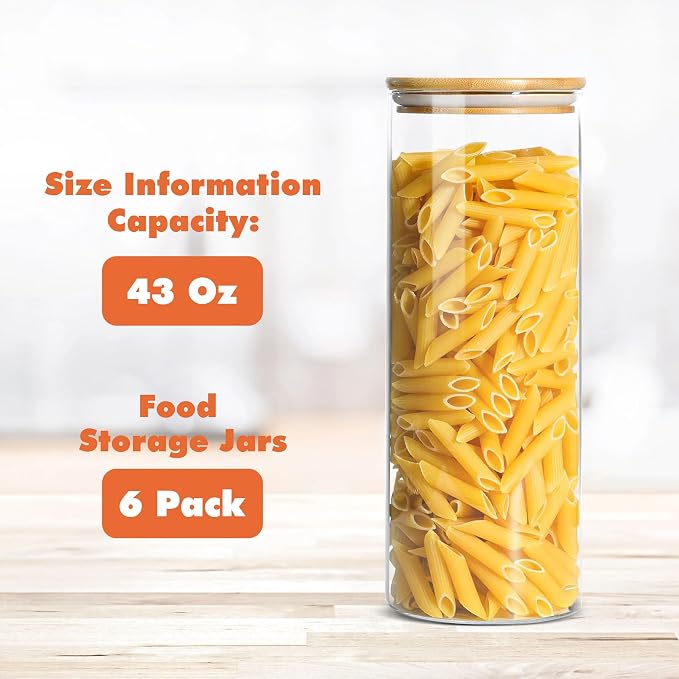 Glass Storage Containers with Airtight Bamboo Lids,Round Glass Jars Pantry Organizers,Perfect for Kitchen Organization - Flour, Rice, Pasta, Sugar, Coffee Beans, Accessories Included (43oz*6) - Image 8