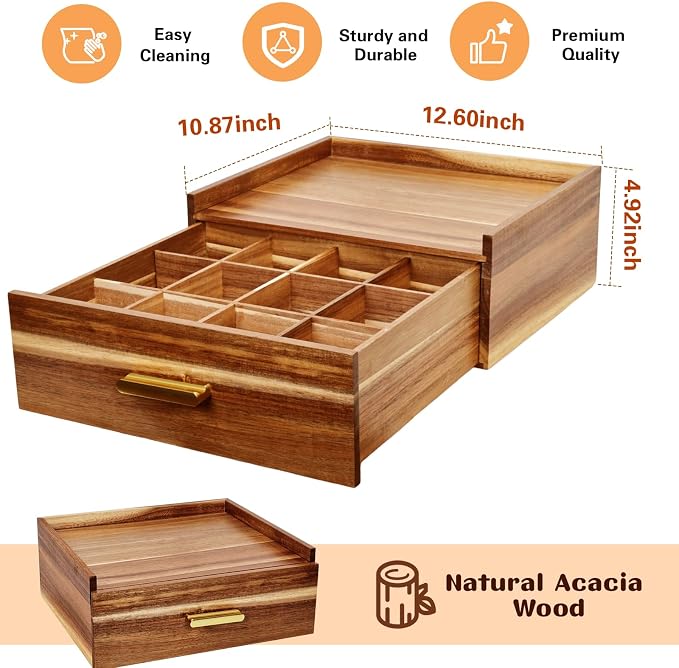 NANXITU Acacia Wood Tea Holder Organizer, Tea Box Organizer Storage Box | Tea Caddy for Tea Bags Organizer Drawer, with12 Compartments Multi-Functional Tea Station Chest for Countertop - Image 3