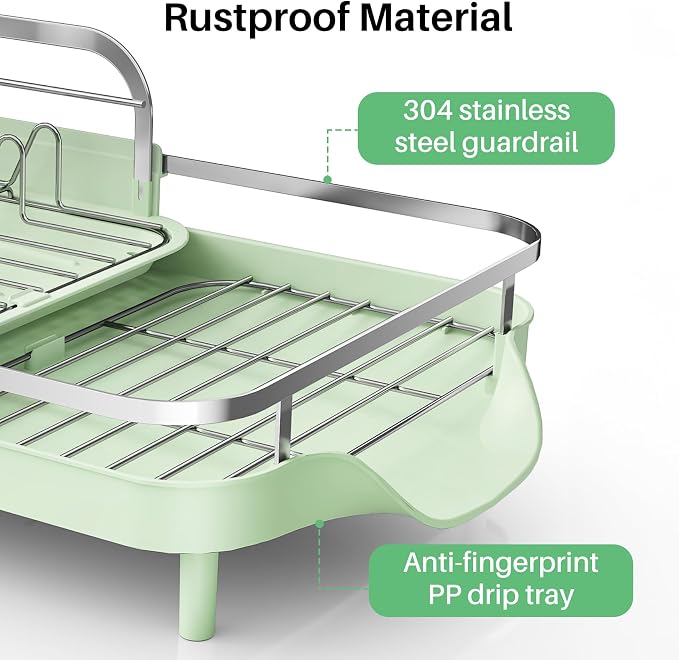 SAYZH Expandable Dish Drying Rack for Small Kitchen Counter, Green | Stainless Steel, Protective Guardrail, Angled Drainboard, Fits High-Rim Sinks, Removable Utensil Holder - Image 3