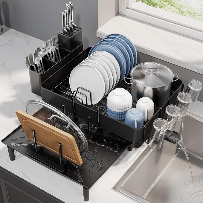 Urackify Expandable Dish Drying Rack, Stainless Steel, Large Capacity | Multifunctional Drainboard for Kitchen Countertop, Removable Cutlery Tray, Foldable Cup Holder, 20.4"L x 20"W, Black - Image 7