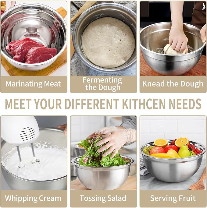 WEPSEN Mixing Bowls Set, 25PCS Khaki Mixing Bowls With Lids Set Stainless Steel Kitchen Large Nesting Metal Bowl 7QT to 1.5QT, Measuring Cups and Spoons for Prepping Cooking Serving - Image 4
