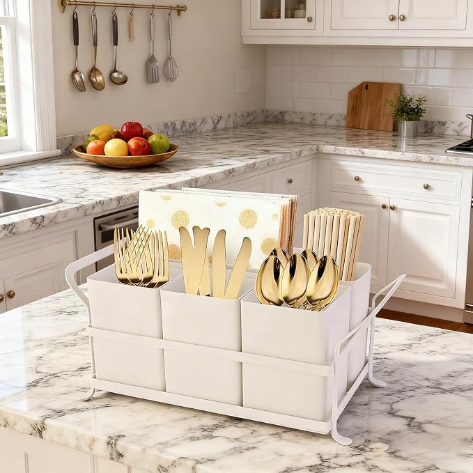 Silverware Caddy Metal Utensil Holder for Party Countertop Silverware Utensil Caddy Cutlery Flatware Organizer for Spoons Forks Plates Napkins White - Image 5