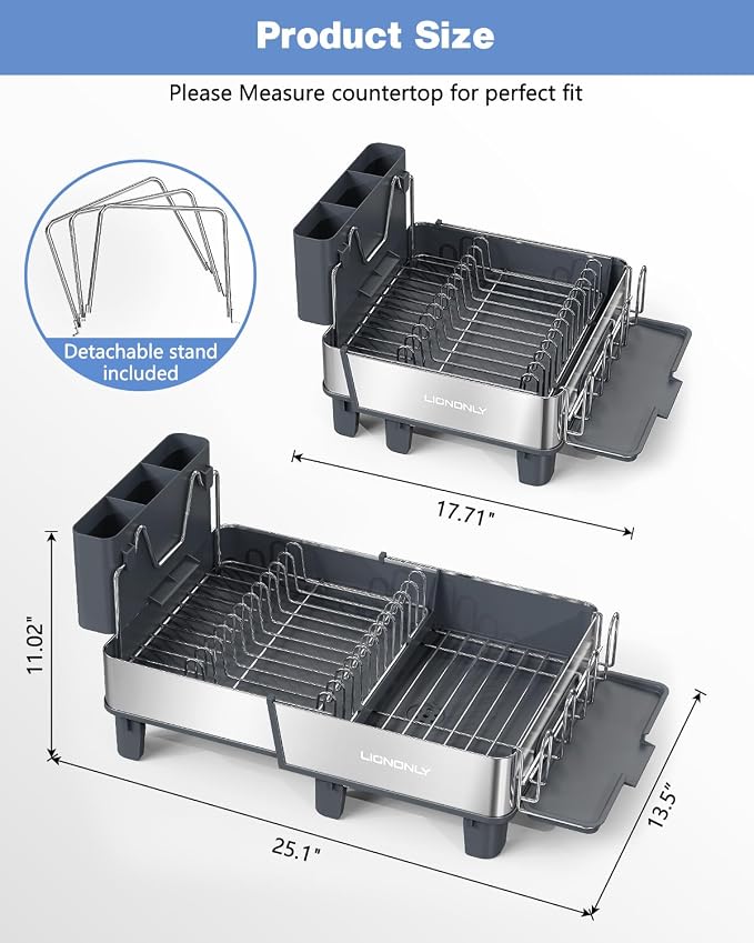 Dish Drying Rack, 304 Stainless Steel Expandable Dish Rack with Adjustable Drain Spout, Large Capacity Dish Drainer with Utensil Holder, Cup Holder and Cutting Board Rack for Kitchen Counter, Gray - Image 2