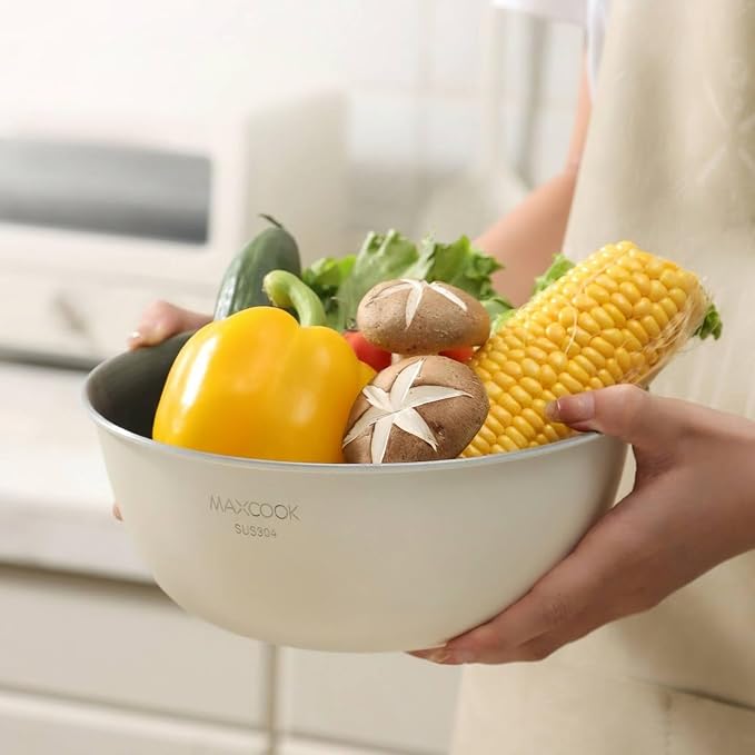 Stainless Steel Colander and Mixing Bowl Set (4.6 QT and 5.3 QT) | 2 pcs of 9.84 inch 18/8 Stainless Steel Colander & Mixing Bowl Set, Fine Mesh Strainer for Rice, Pasta & Veggies - Image 7