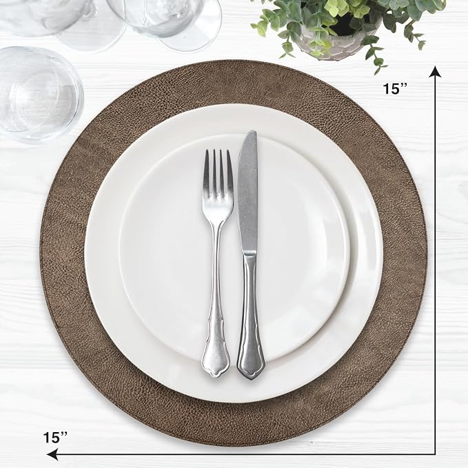Placemats Set of 6 – Round 15” Faux Leather Table Mats for Dining, Heat Resistant & Non-Slip Washable Table, Indoor, Outdoor, Dining Table Set for 6, Modern Kitchen & Holiday Use, Bronze - Image 3
