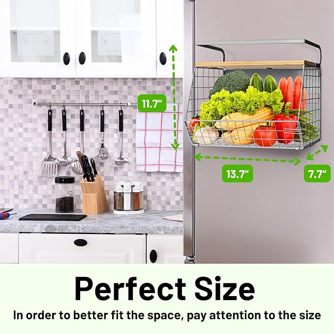 Magnetic Fridge Shelf with Wood Lid, Fruit Potato Onion Storage Bins, Pantry Organizers, Large Container Spice Rack for Refrigerator, Kitchen Counter, Cabinet (1, Silver) - Image 6