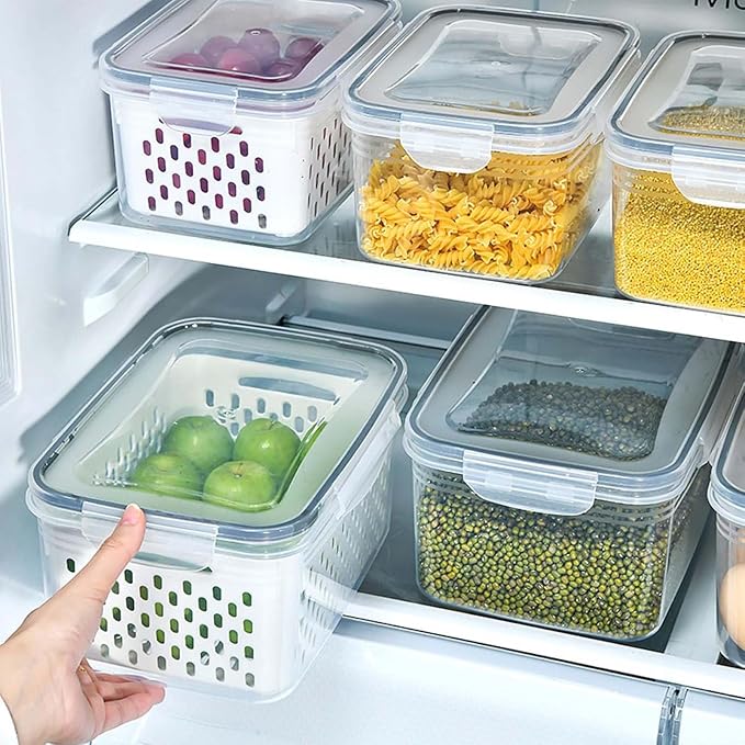 4-in-1 Produce Saver Containers - Fresh Berry Keeper with Removable Colander & Airtight Lid - Stackable Fruit and Vegetable Fridge Organizer Bins - BPA-Free Plastic Food Storage (3pcs) - Image 6