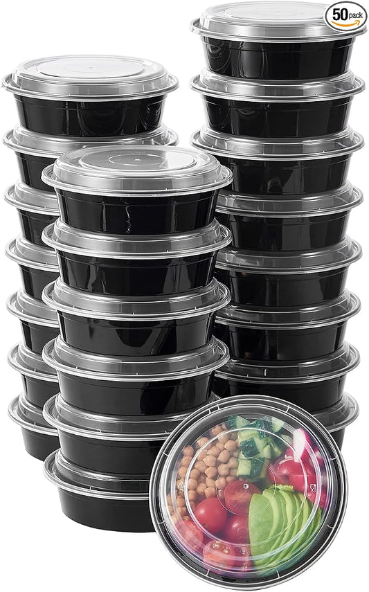 24 oz 50 ct Round Meal Prep Food Storage Containers with Lids To Go Plastic Lunch Plan Box Disposable Take Out Bowls Black BPA Free Reusable Durable Stackable Microwave Freezer Dishwasher Safe by FULING