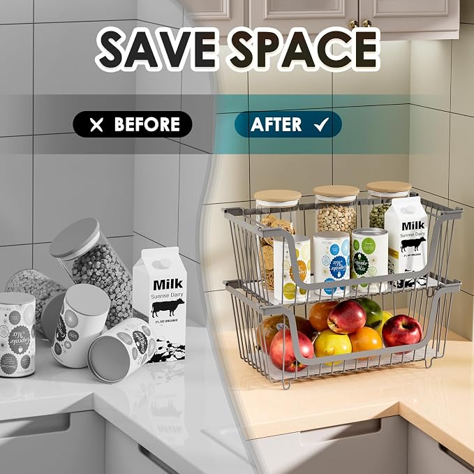 4 Pcs Stackable Wire Baskets for Pantry Organizers and Storage, | Vegetable Fruit Basket for Countertop,Kitchen Storage Metal Baskets,Produce Potato Onion Storage Bin,Gray - Image 3