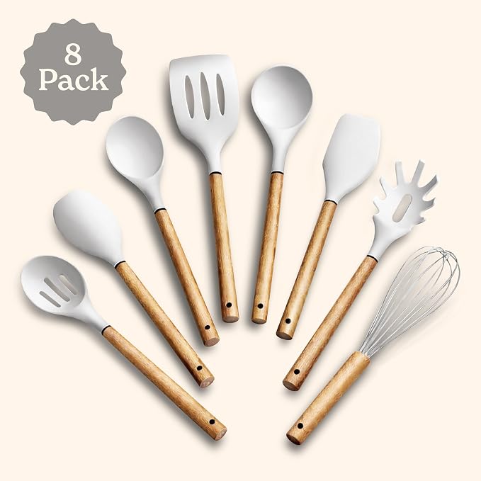 Country Kitchen Non Stick Silicone Utensil Set with Rounded Wood Handles for Cooking and Baking, 8 Piece Set, White - Image 2