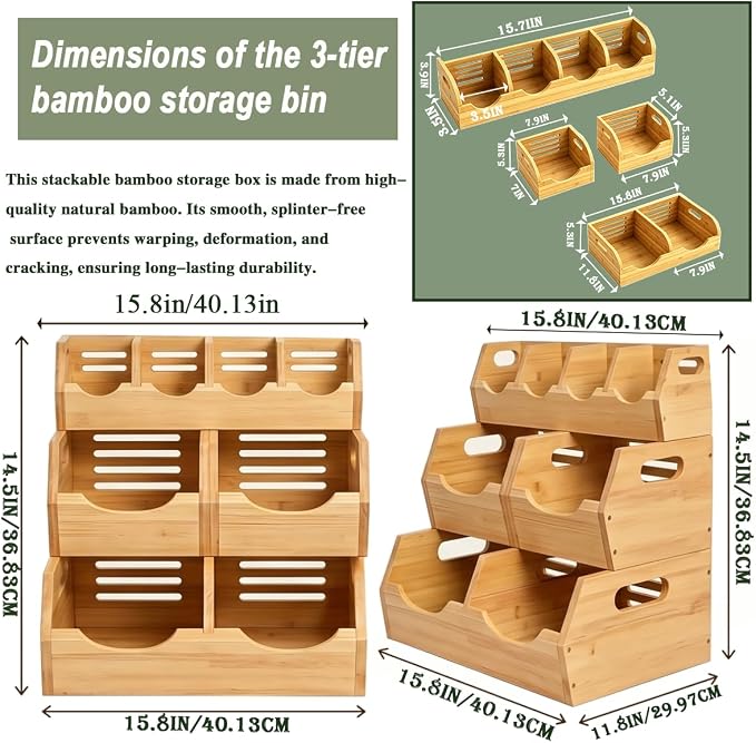 3 Tier Potato and Onion Storage Bin for Pantry | Natural Bamboo Rack Top and Hollow Ventilated Bottom,Eco-Friendly Organizer for Kitchen or Bathroom - Image 3