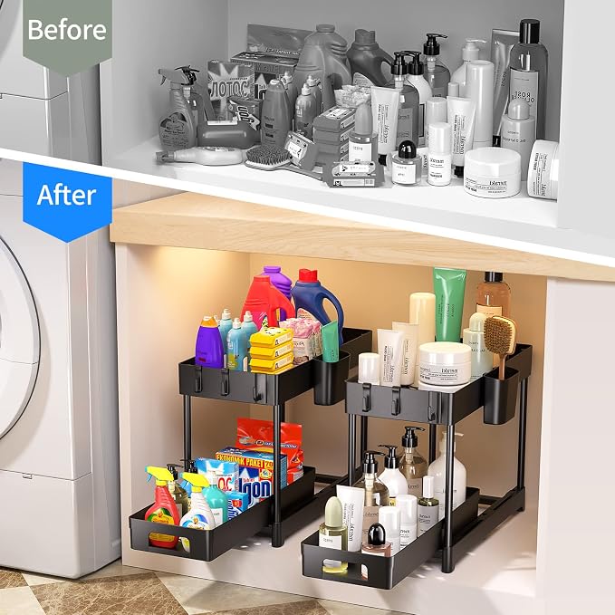 2 Pack Under Sink Organizer with Sliding Storage Drawer, 2 Tier Under Sink Organizers and Storage with 8 Hooks and 2 Hanging Cups, Multi-purpose Under Sink Storage for Kitchen Bathroom Cabinet, Black - Image 3