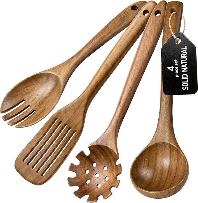 Wooden Spoons for Cooking, 4-Piece Teak Wood Kitchen Utensil Set, Nonstick Safe Wooden Cooking Utensils-Includes Soup Ladle, Pasta Spoon, Slotted Spoon, Salad Fork, for Everyday Meals(A04) by WOTTISH