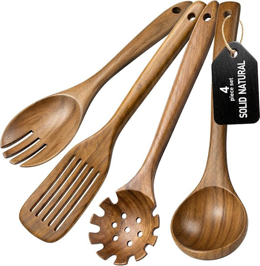 Wooden Spoons for Cooking, 4-Piece Teak Wood Kitchen Utensil Set, Nonstick Safe Wooden Cooking Utensils-Includes Soup Ladle, Pasta Spoon, Slotted Spoon, Salad Fork, for Everyday Meals(A04) by WOTTISH