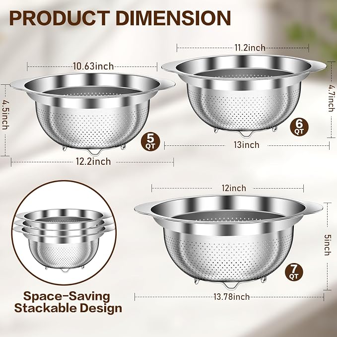 Large Strainers and Colanders, Big Stainless Steel Colanders for Kitchen, Stainless Steel Strainer Set of 3 (7 QT, 6 QT, 5 QT) for Draing Pasta Spaghetti Fruit Vegetable - Image 2