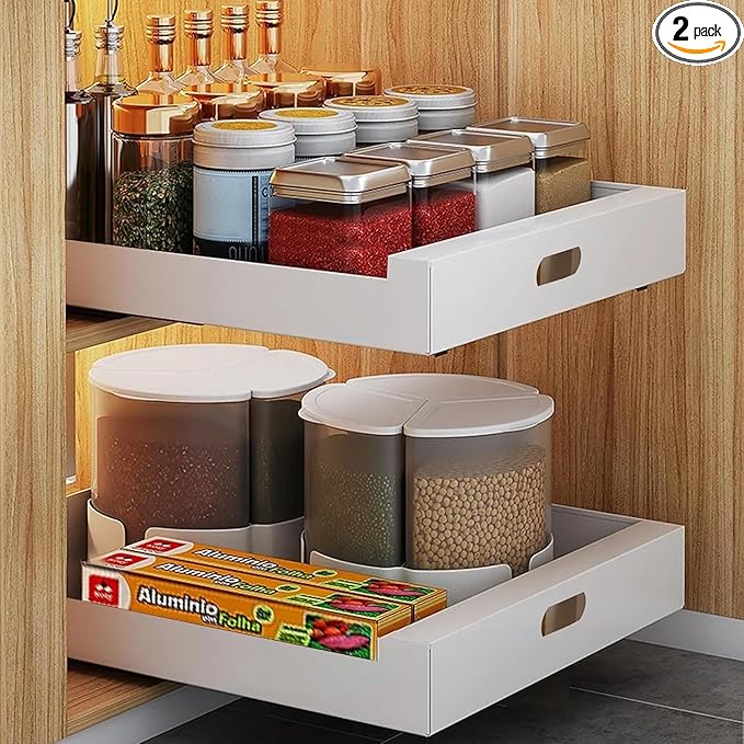 bealy 21'' Deep Cabinet Organizer Adhesive, 10'' Wide Pull Out Cabinet Organizer for Face Frame or Frameless Cabinets, Roll Out Shelves for Kitchen Cabinets, Pantry Shelves, Bathroom, 2 Pack by bealy
